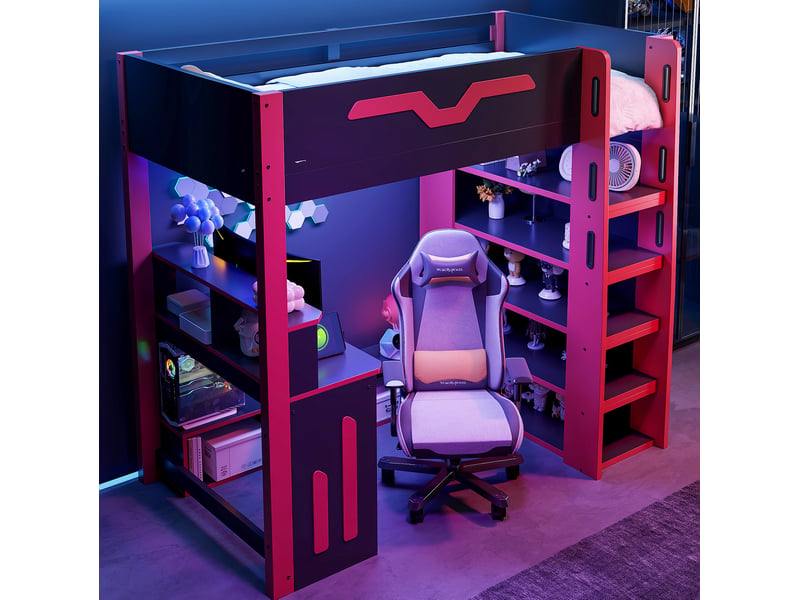  Lit surélevé enfant 90 x 200 cm avec bureau, rangements, escalier et éclairage led noir et rouge  - Conforama C