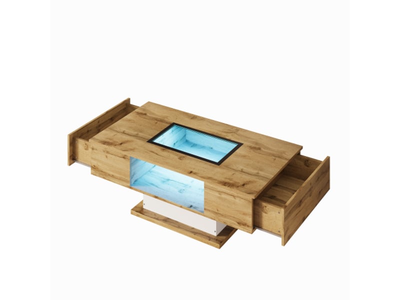  Table basse rectangulaire en mdf avec lumière led,2 tiroirs et rangement avec plateau en verre,naturel table basse naturel - Conforama D