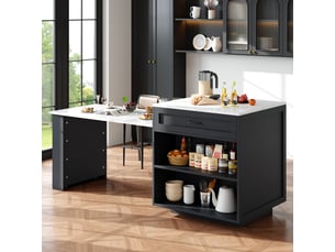 Table de bar extensible et îlot de cuisine avec rangement, plateau effet marbre, couleur noire élégante, 133-202x70x93.5cm
