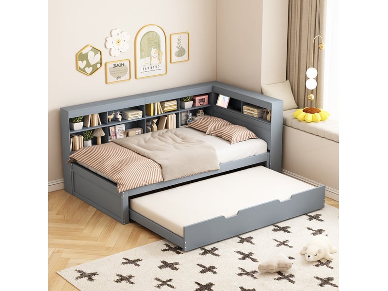  Lit simple gigogne 90x200+90x190 cm, prise usb, gain de place, lit enfant, espace de rangement, bois gris, sans matelas  - Conforama B