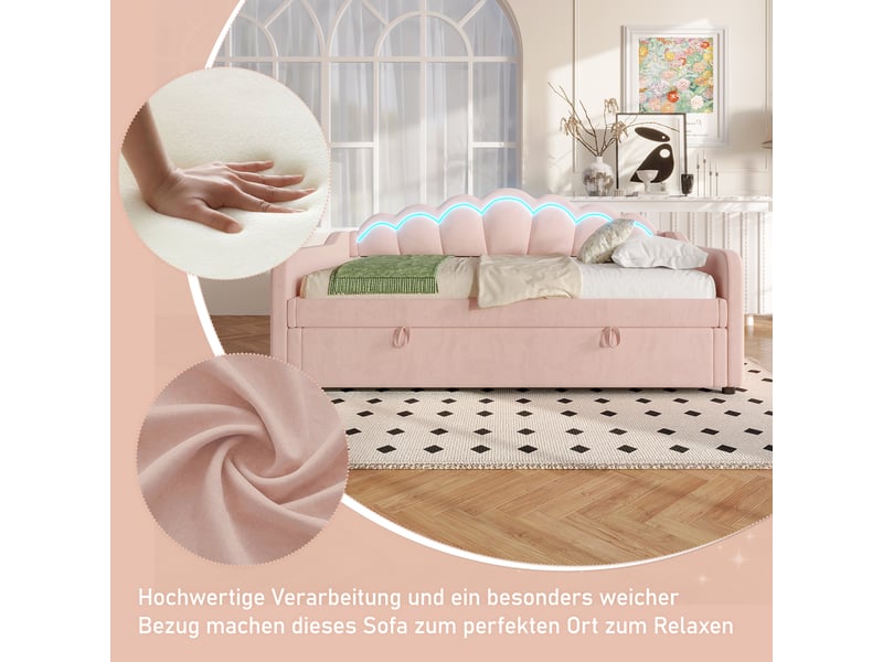  Lit de jour en velours rose 90x200cm avec coffre de rangement hydraulique et bande led  - Conforama W