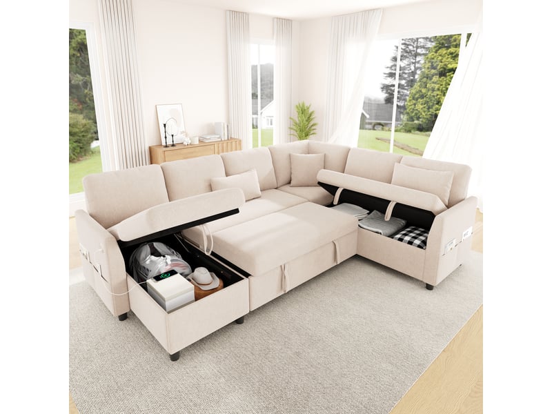  Canapé d’angle convertible 6 places 255x196x85 cm en lu, méridienne réversible, coffres, usbtype-c, poche latérale, 3 coussins, lin, beige Bliss Lite - Conforama D