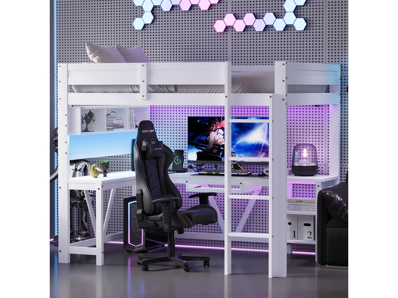 Lit mezzanine gaming en bois 90x200 cm avec bureau et led-usb -prise lit enfant avec rangement mdf blanc - Conforama B