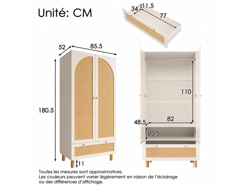  Armoire-penderie blanche à deux portes, rotin et tiroir, 85,5 x 52 x 180,5 cm  - Conforama C