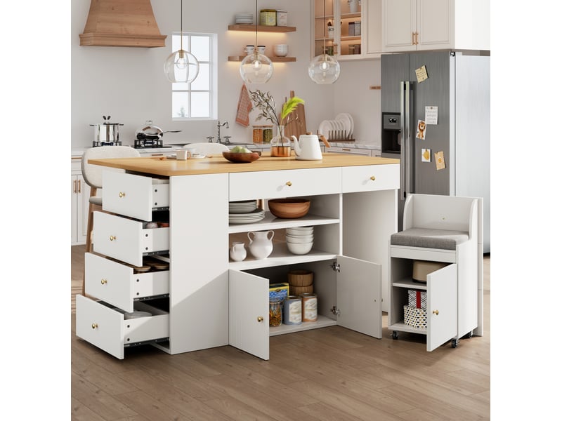  Îlot de cuisine avec 6 tiroirs, 2 niches ouvertes, placard et tabouret à roulettes pour cuisine en blanc  - Conforama E