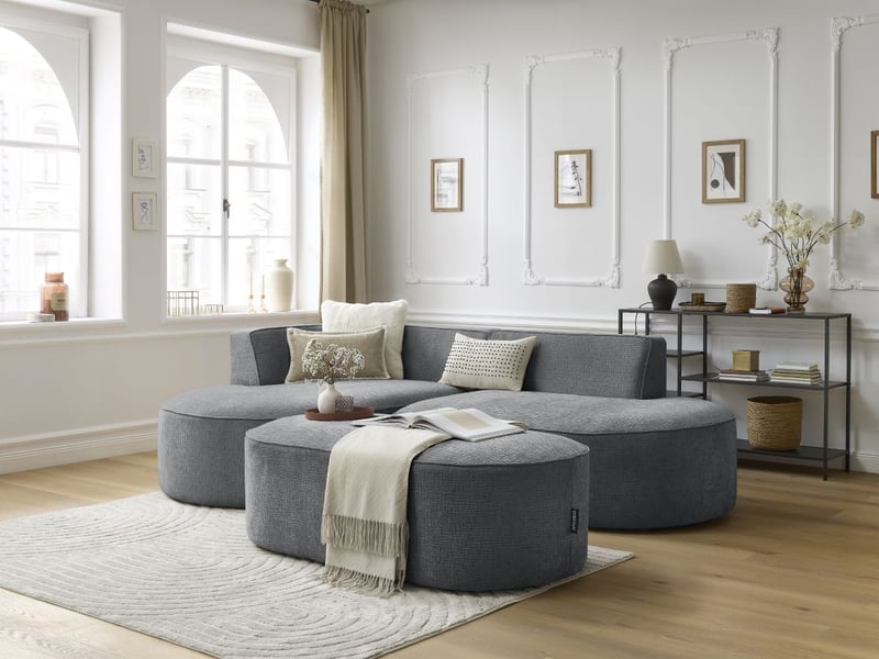  Bobochic canapé d'angle fixe rousseau tissu texturé avec pouf gris foncé  angle gauche ROUSSEAU - Conforama B