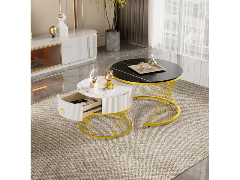 Table basse ronde d70xh45+d50xh40cm, table gigogne, tiroir, motif marbre en mdf, noir+coloris blanc  - Conforama E