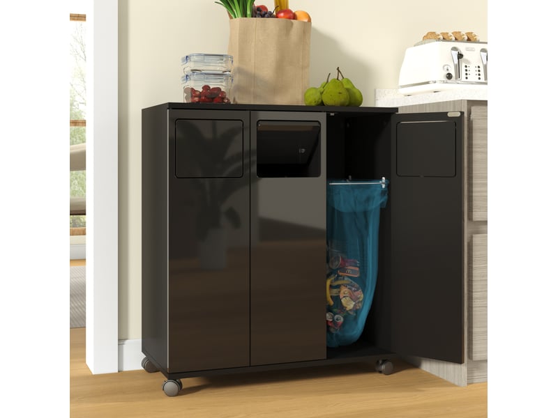  Meuble de tri des déchets 3 compartiments à roulettes 69,3x35x80 cm noir  - Conforama R