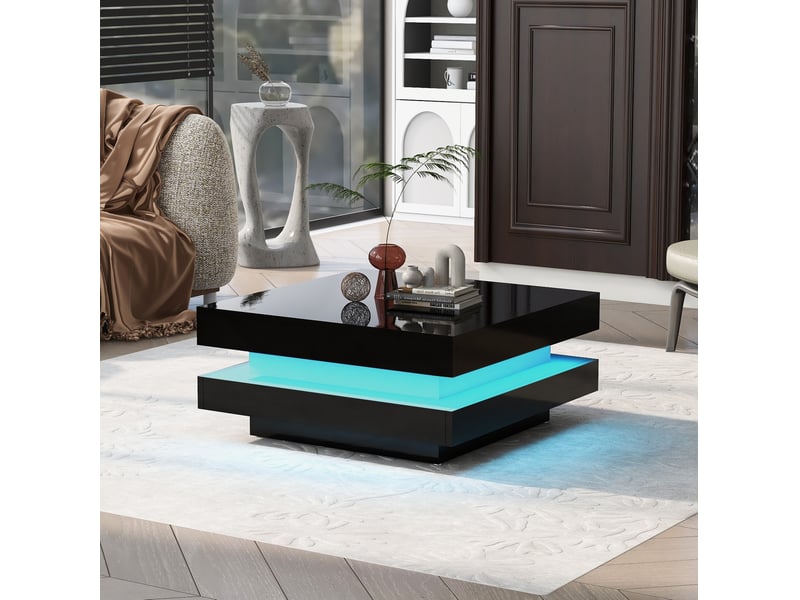  Table basse carrée 70x70x36 cm – noir – éclairage led bluetooth multicolore et finition laquée brillante  - Conforama E