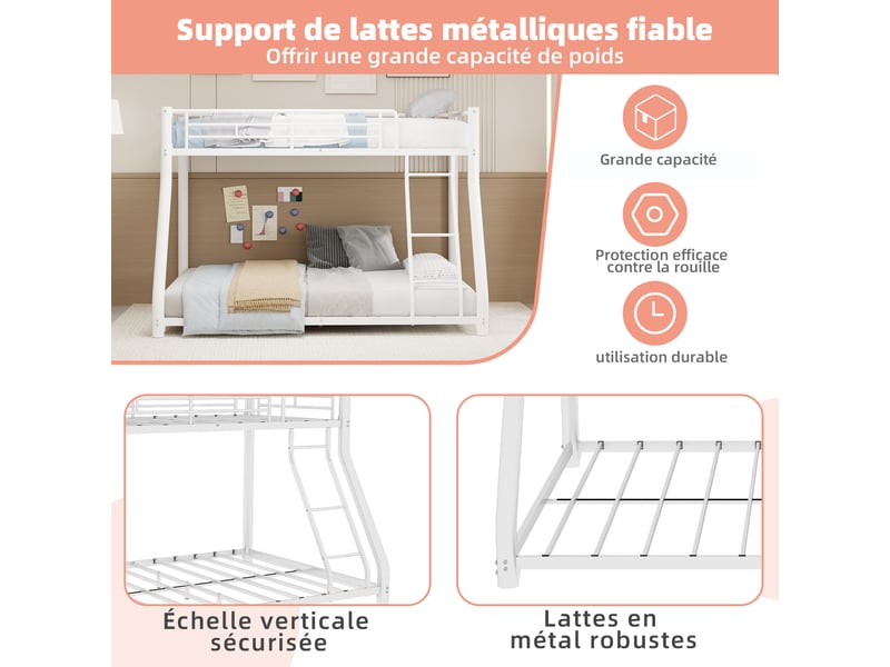  Lit superposé métal 90 x 190140 x 190 cm, avec 2 couchages, échelle et barrières de sécurité, blanc  - Conforama D