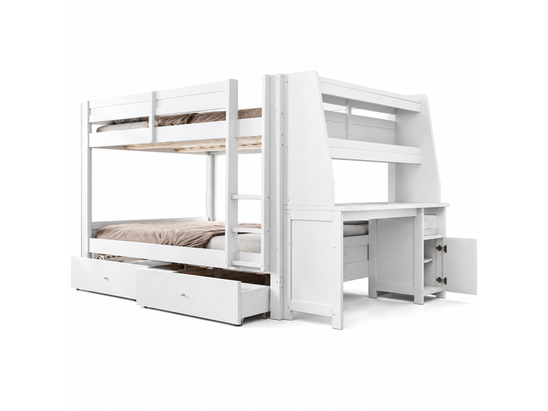 Lit superposé 140x200 cm avec bureau, armoire et rangements, tiroirs intégrés, échelle, bois et métal, blanc OMNIGLINT TRADING LTD - Conforama A