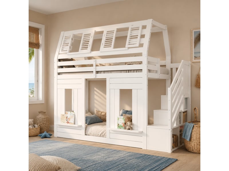  Lit mezzanine enfant 90x200 cm avec led et escalier de rangement, blanc  - Conforama C