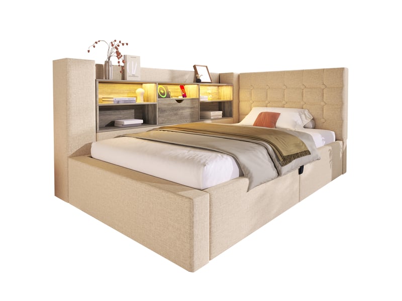  Modenvie lit coffre 90x200 cm - led, tête de lit avec rangements et ports usb, matelas inclus - beige  - Conforama A