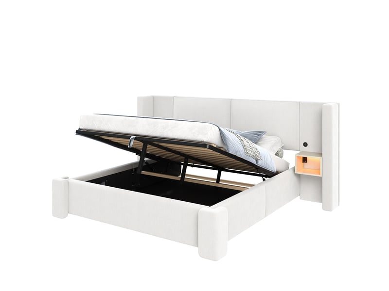  Lit coffre 180 × 200 cm 2 places, rangement hydraulique, éclairage led, tables de chevet et sans matelas, beige  - Conforama A