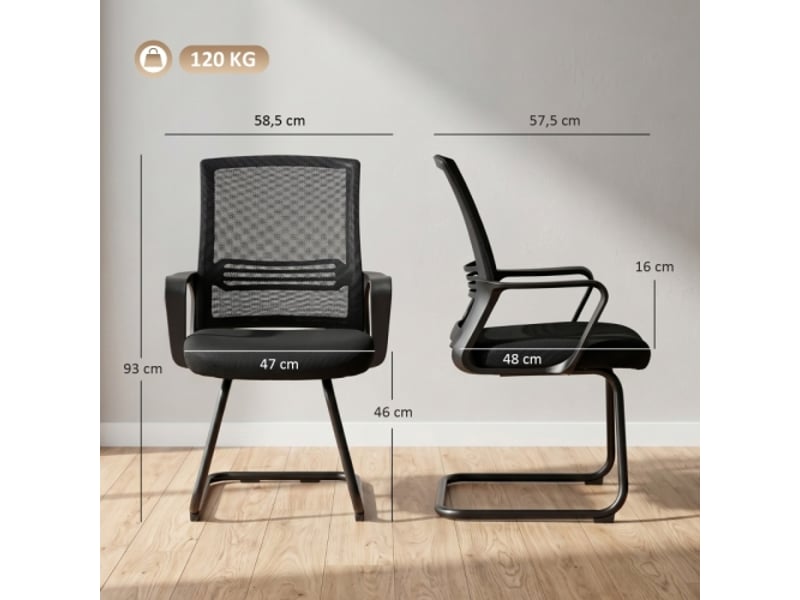  Lot de 2 chaises de bureau ergonomiques rembourrées, sans roulettes, structure luge noire, accueil  - Conforama C