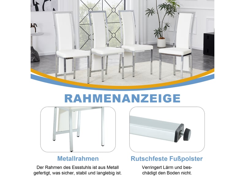  Lot de 4 chaises de salle à manger en cuir pu blanc avec cadre en métal argenté, dossier haut 109 cm  - Conforama W