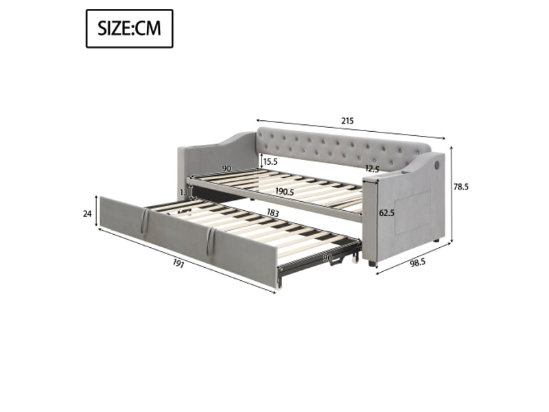 Lit gigogne 90x200 cm, lit enfant avec prise usb, accoudoirs et sommier à lattes, tissu en velours gris, sans matelas - Conforama D