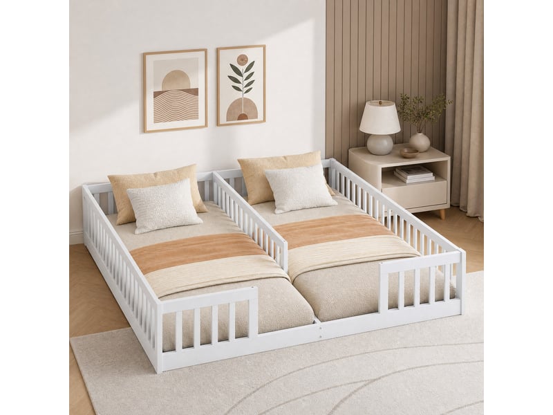  Lit avec barrière 2 places, structure au sol, 90×200 cm et 90×200 cm, sans matelas, en pin et mdf, blanc  - Conforama B