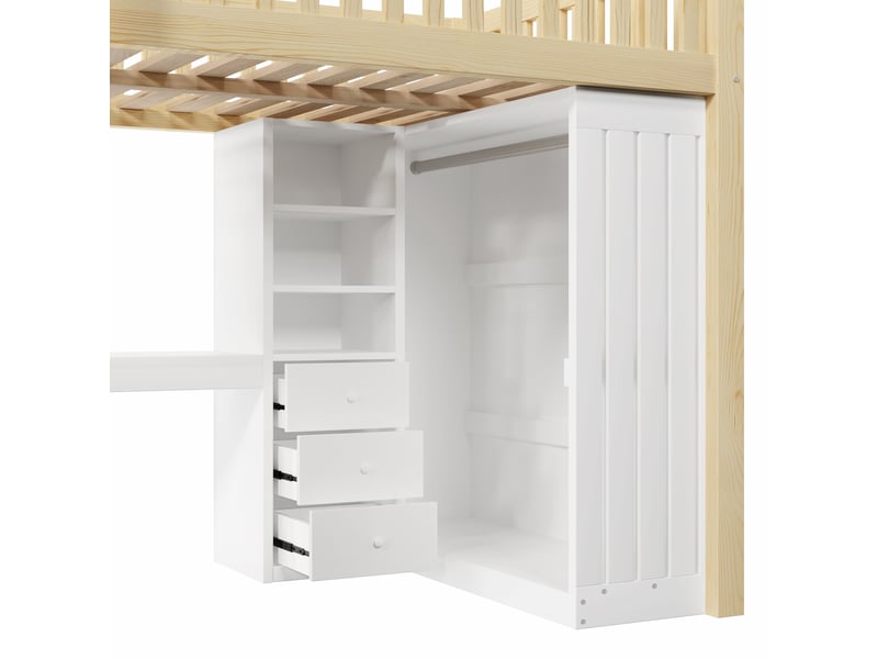 Lit mezzanine 140 x 200 cm avec bureau, armoire et 3 tiroirs intégrés, lit double avec rangements ouverts, escalier et garde-corps - naturel - Conforama E