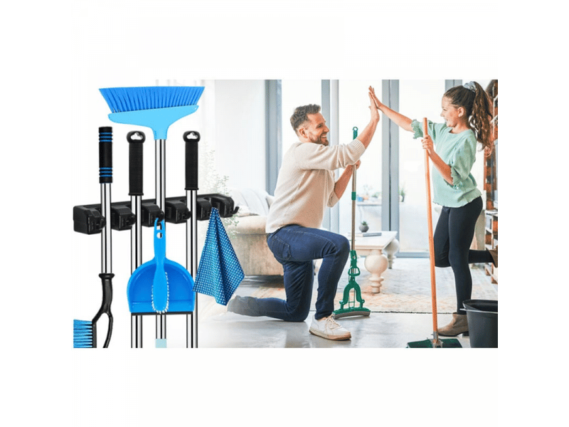  Support mural pour balais et serpillères, organiseur d'outils de jardin, de rangement et d'organisation avec crochets, robuste, noir  - Conforama D