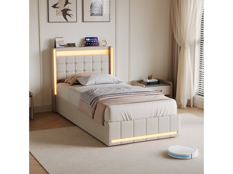 Lit rembourré 90 x 200 cm avec éclairage led, port de chargement usb, double tiroir, beige  - Conforama B