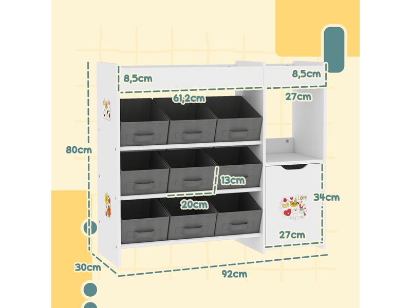  Organiseur pour enfants avec compartiments, 9 paniers amovibles et planches d'autocollants, 92 x 30 x 80 cm, blanc  - Conforama D