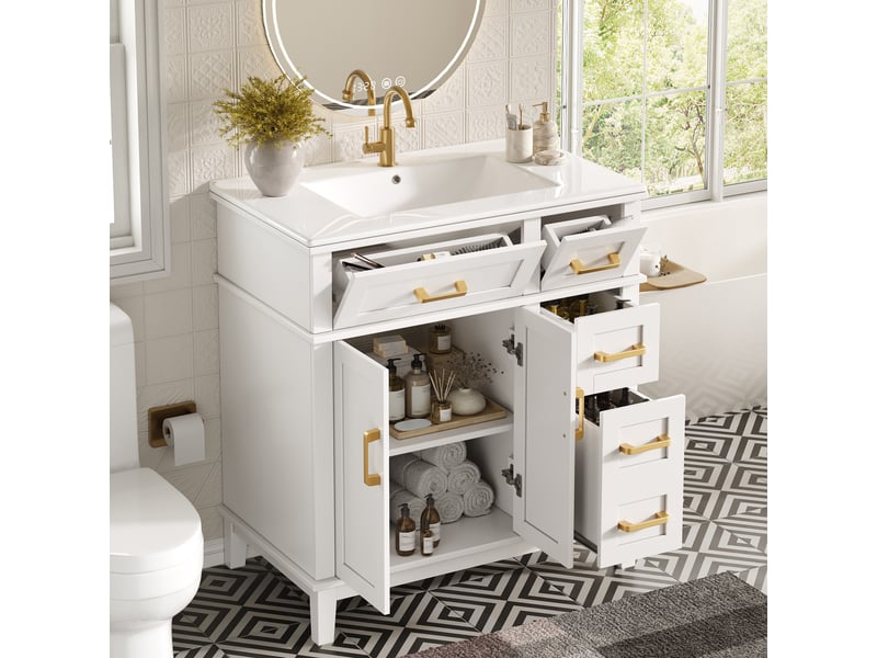 Meuble sous vasque avec tiroirs, portes et fermeture douce pour salle de bain en mdf blanc 76×46,5×86 cm - Conforama C