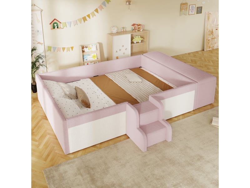  Lit rembourré enfants 140 x 190 cm, petit escalier, banc de lit avec rangement, velours, rose Bliss Lite - Conforama E