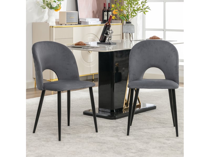 Lot de 2 chaises de salle à manger en velours gris, dossier à motif diamant et pieds réglables en métal  - Conforama B