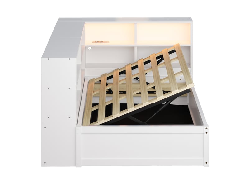  Lit banquette hydraulique avec rangements, bois massif blanc, 90x200 cm, led et prise intégrée  - Conforama E