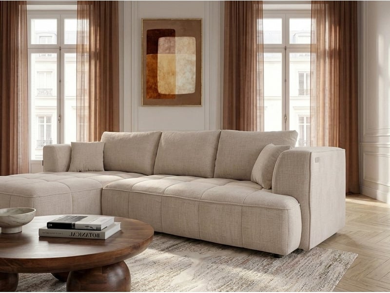  Bobochic canapé d'angle convertible avance-recule électrique clovis tissu lisse beige  angle gauche CLOVIS - Conforama D