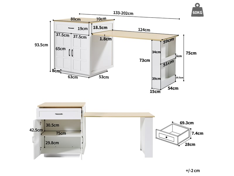  Îlot de cuisine extensible 133x202 cm avec rangement mdf blanc  - Conforama C