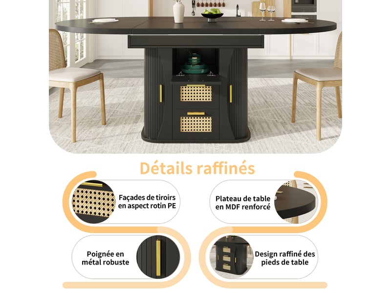  Table extensible avec rangement et tiroirs pour salle à manger en mdf 118–158×118×77,1 cm noir  - Conforama C