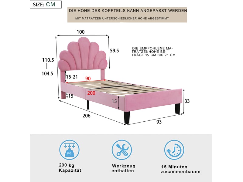  Modenvie lit enfant capitonné 90x200 cm - tête de lit fleur, sommier inclus, sans matelas - rose  - Conforama C