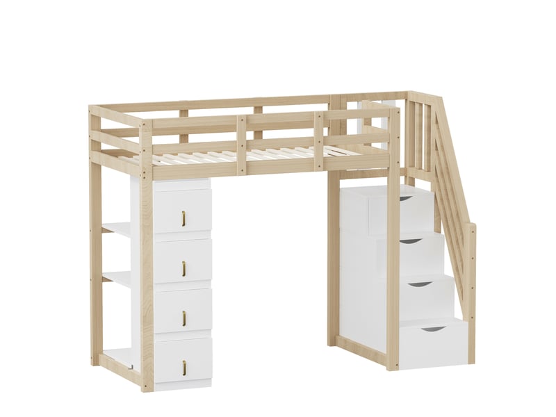 Lit mezzanine enfant 90x200 cm – bois naturel – 4 tiroirs, étagère et échelle de rangement - sans matelas - Conforama D