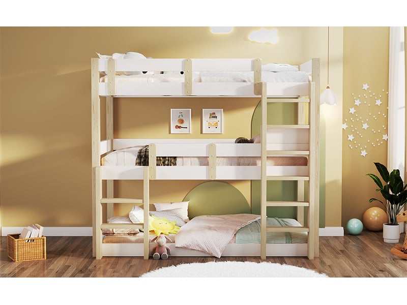  Lit superposé triple 90 × 190 cm, 3 couchages, doubles échelles, barrières hautes, pin massif, blanc et naturel  - Conforama B