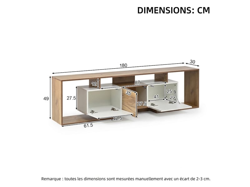  Meuble tv blanc et bois naturel 180 cm avec 3 portes et 3 niches ouvertes, pour tv jusqu'à 85 pouces  - Conforama C