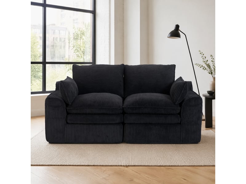  Canapé droit 2 pl 191x94x85 cm, velours côtelé noir, coussins, poches latérales, confortable et design, pour salon et bureau  - Conforama B