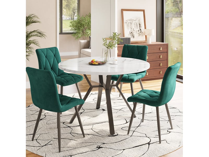  Table à manger ronde 100 cm effet marbre blanc, piètement en métal noir en x, mdf  - Conforama E