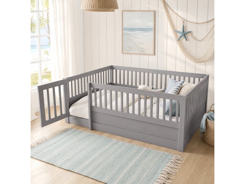  Lit enfant 140x200 cm avec structure en bois massif et barrière grise avec porte 4071298089769 - Conforama B