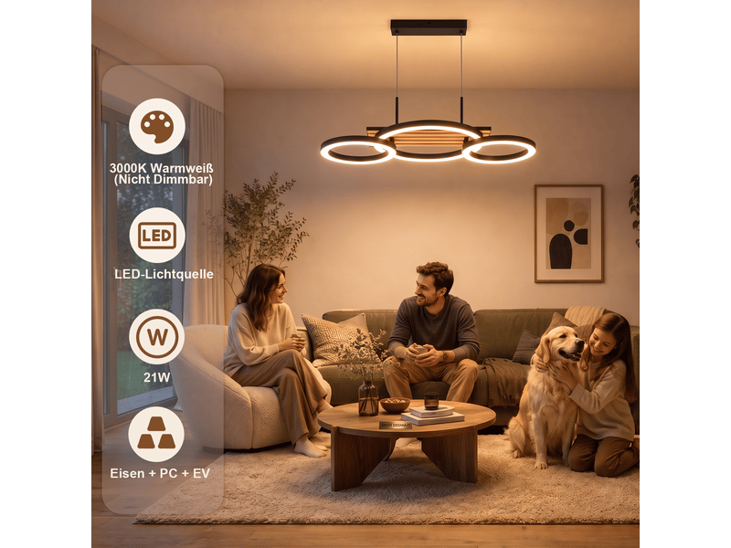  Zmh suspension led noir 58 cm 21 w suspension bois design 3 anneaux suspendue blanc chaud pour cuisine  - Conforama C