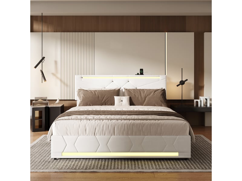 Lit coffre 140x200cm - lit double 140x200 avec éclairage led têtepied de lit, prises usb &amp; tissu en lin - beige  - Conforama B