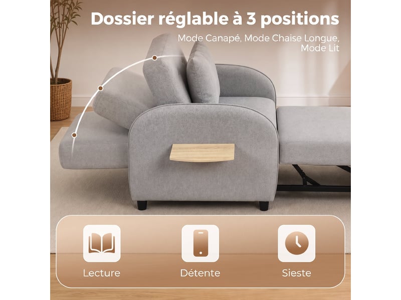  Fauteuil convertible 1 place, fauteuil-lit clic-clac 3 en 1, tablette latérale rabattable, dossier réglable, gris  - Conforama E