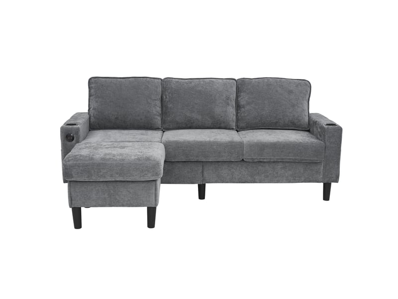 Canapé 3 places gris, canapé d'angle en lin avec ports usb et type-c, pouf modulable et porte-gobelets pour salon et appartement - Conforama A