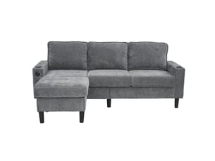 Canapé 3 places gris, canapé d'angle en lin avec ports usb et type-c, pouf modulable et porte-gobelets pour salon et appartement