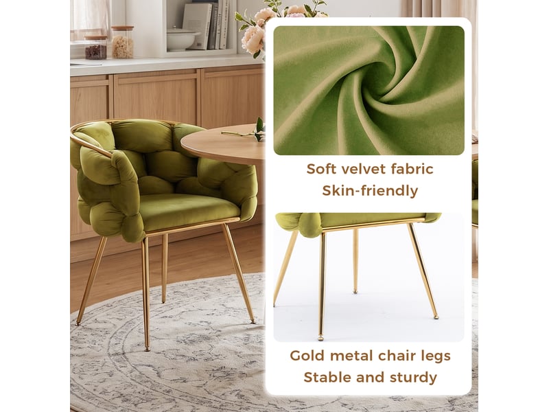 Fauteuil de salon en velours rembourré avec accoudoirs, dossier mi-haut et pieds métalliques dorés olive  - Conforama E