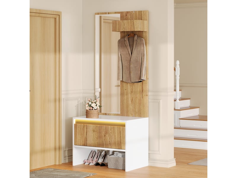 Vestiaire d'entrée avec miroir et banc, porte-manteau sur pied, meuble chaussures 2 tiroirs, blanc 60cm - Conforama R