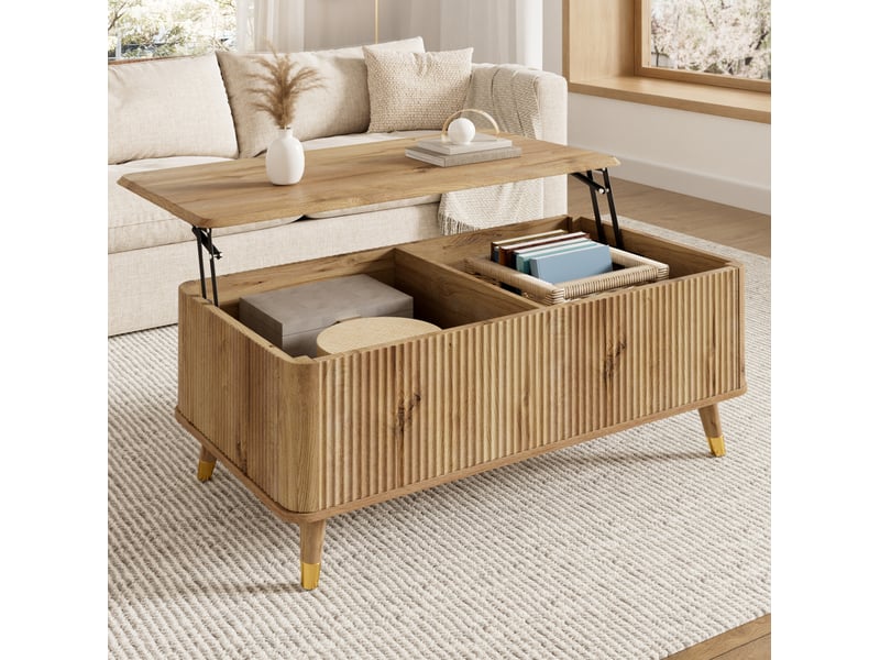  Table basse 97x52x56,5 cm à plateau escamotable relevable, design ondulé en mdf et bois, coloris naturel  - Conforama B