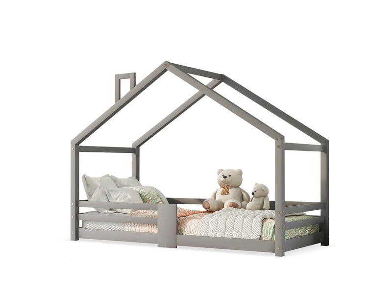  Modenvie lit cabane enfant 90x200 cm - sommier a lattes et barriere de securite, sans matelas - gris  - Conforama A