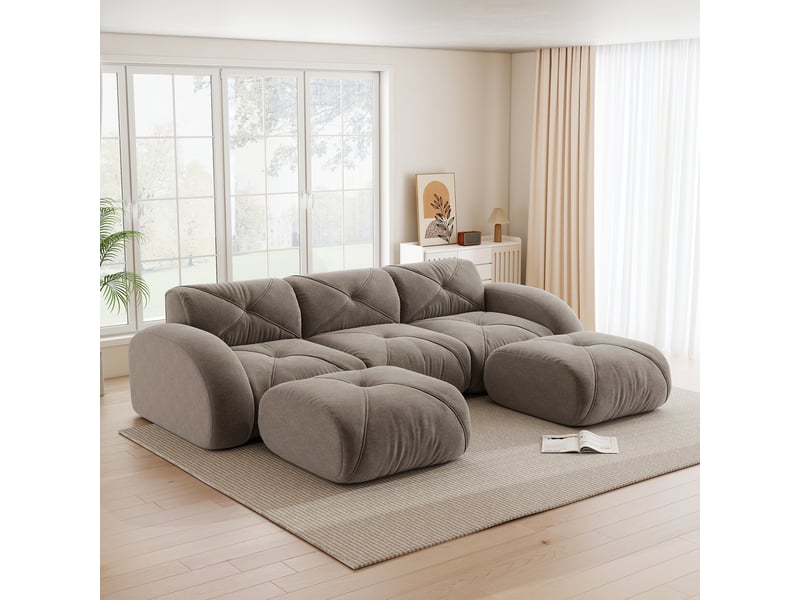 Canapé panoramique en u modulaire avec assises en mousse et 2 poufs, pour salon, en chenille taupe - Conforama B